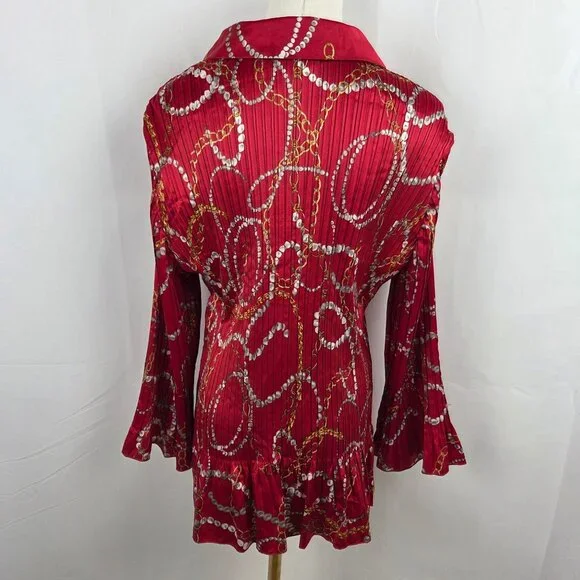 Jaclyn Smith Equestrian Chain Print Button-Up Blouse XL Long Sleeve Pleated Red - Picture 4 of 11